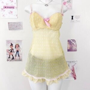 La Senza Yellow Polka Dot Sheer Mesh Cami – Pink Bow Details